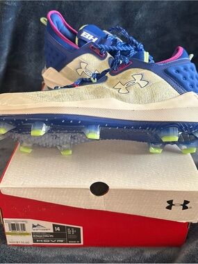 Under Armour Harper 8 Elite TPU White Blue Mens 14 Baseball Cleats 3026591-101